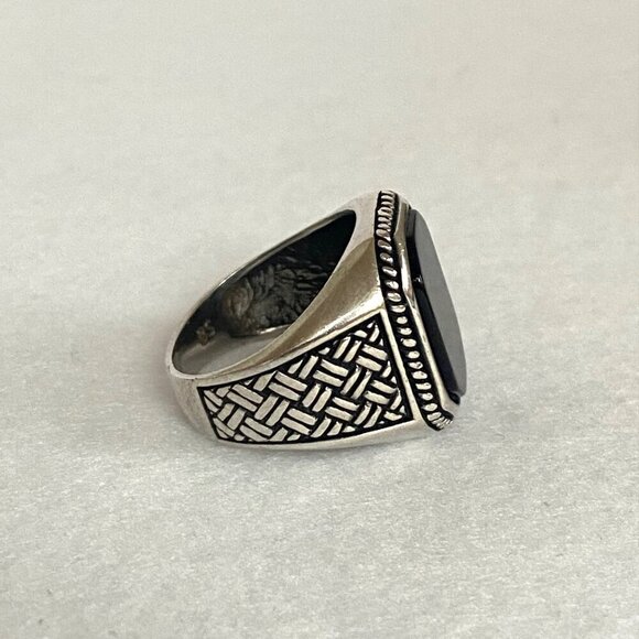 Sterling Silver 925 BS Black Onyx Signet Style Basketweave Unisex Band Ring Sz 9 - Picture 2 of 16